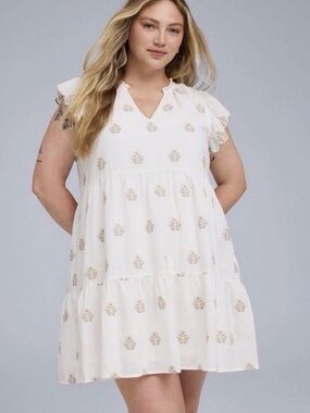 torrid White Tiered V-Neck Mini Dress with Beige Floral Motif